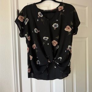 West Kei Black Floral Twist-Front Blouse